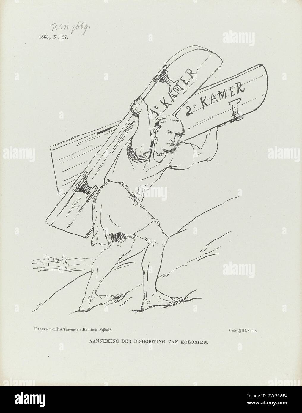 Cartoon über Minister Fransen van de Putte, 1863, 1863 Print Cartoon über Kolonialminister Fransen van de Putte als Simson, der die Türen des Gazastreifens (Ober- und Unterhaus) auf dem Rücken trägt. Plaat trat beim Weekblad de Nederlandsche Spectator auf, nein 27. Juli 1863. Druckerei: Netherlandsprinter: Netherlandspublisher: Arnhempublisher: Die Haager Zeitung Samson trägt die Türen auf seinen Schultern auf die Spitze eines Hügels bei Hebron Stockfoto