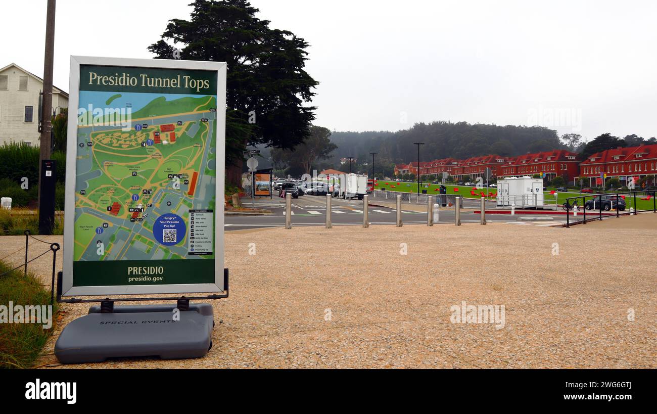 San Francisco, Kalifornien: Presidio Tunnel Tops Touristenkarte. Presidio Tunnel Tops ist ein Gebiet im Presidio National Park in San Francisco Stockfoto