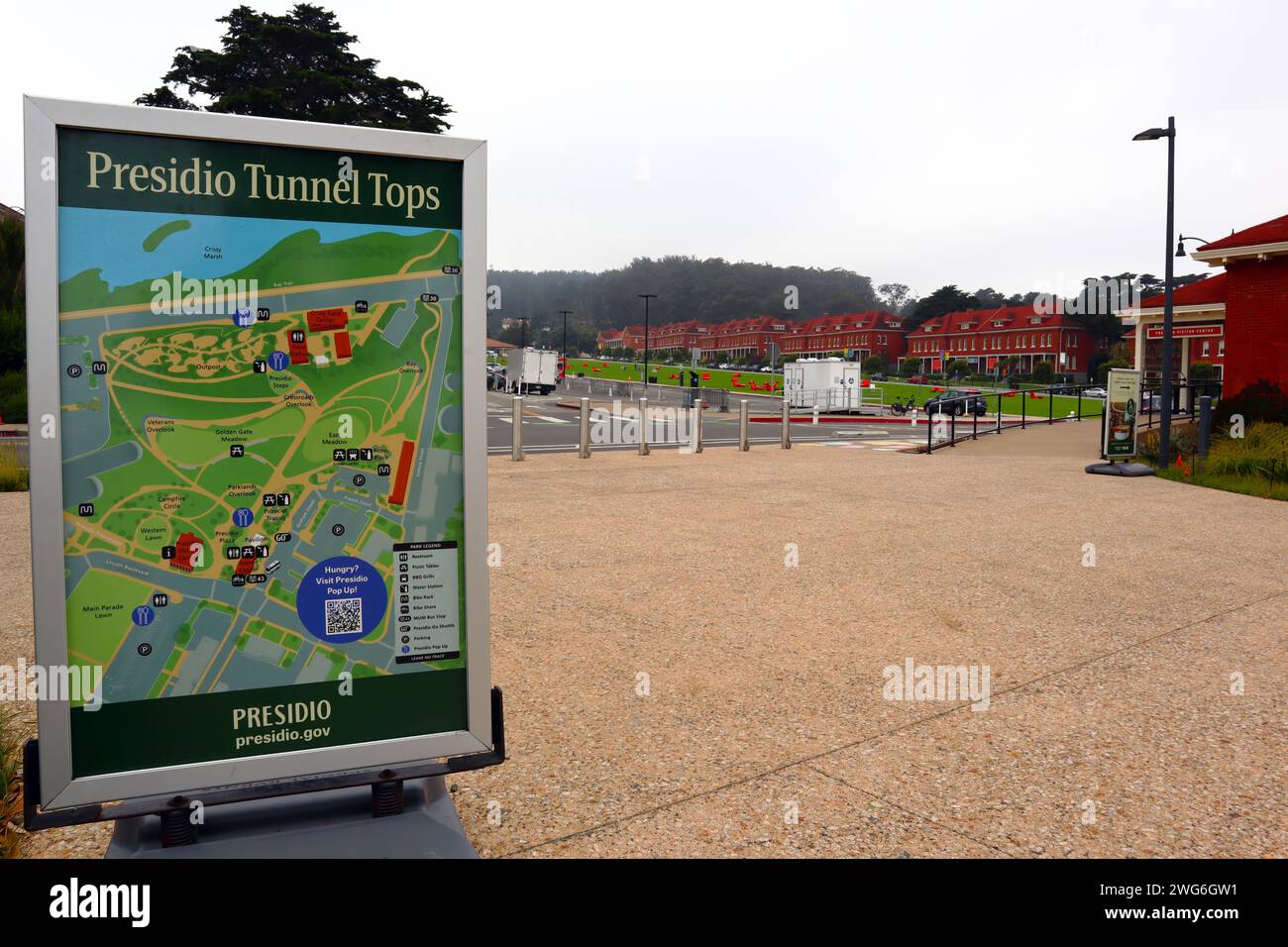 San Francisco, Kalifornien: Presidio Tunnel Tops Touristenkarte. Presidio Tunnel Tops ist ein Gebiet im Presidio National Park in San Francisco Stockfoto