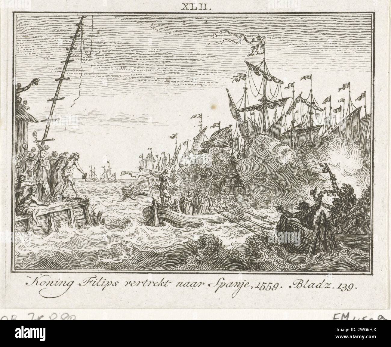 Philipp II. Fährt mit Schiff nach Spanien, 1559, 1782 – 1784 Druck König Philipp II. Verlässt mit Schiff nach Spanien, 1559. Der König rudert vom Kai in einer Schaluppe zur Flotte. Niederlande Papierätzung Verkehr und Transport (+ Abfahrt; Wiegeanker) Stockfoto