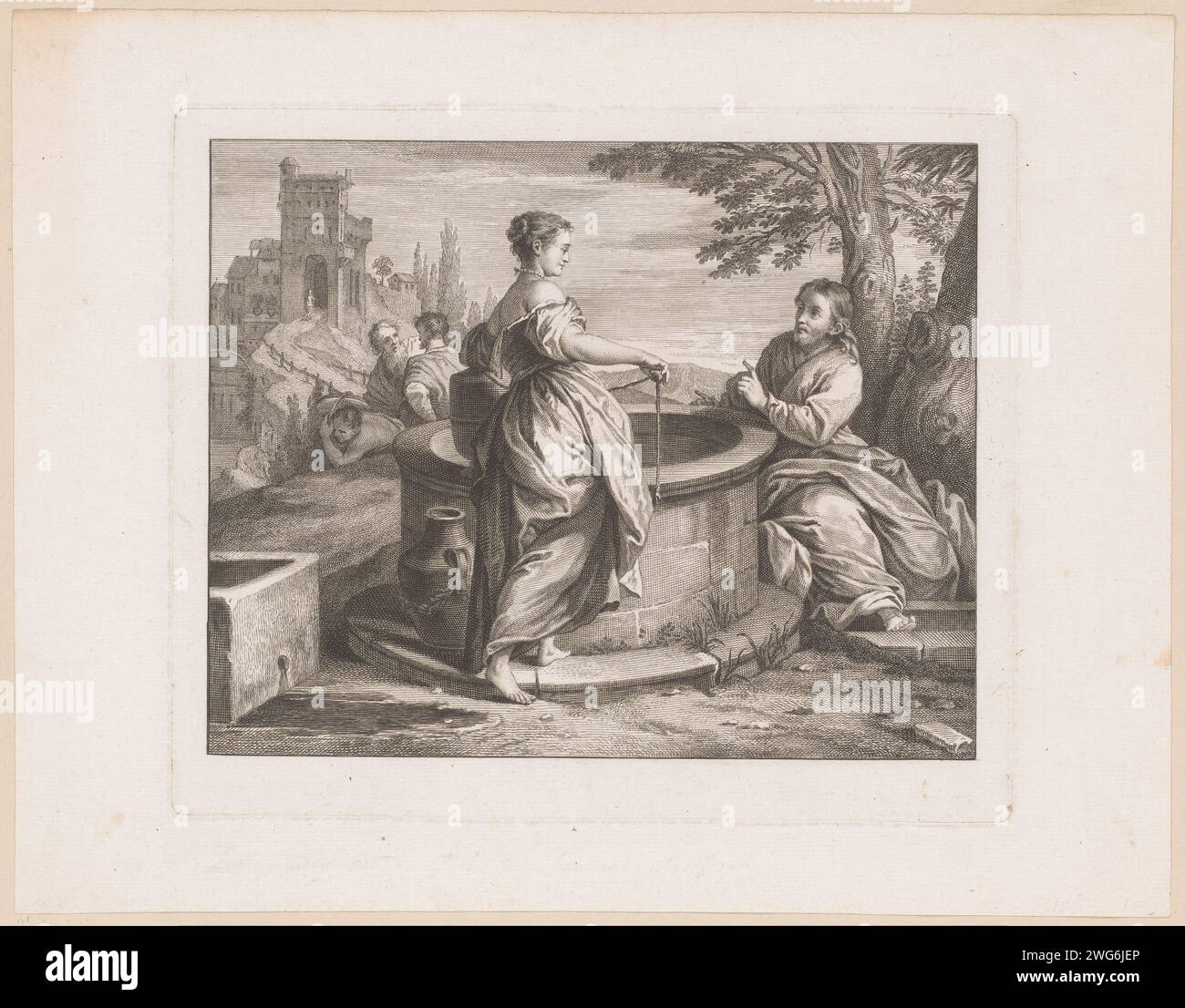 Christ and the Samaritan Woman at the Put, Anonym, 1650–1699 Druck Frankreich Papier Radierung / Gravur Christ and the Woman of Samaria: Sitzend an Jakobs Brunnen bittet er sie um einen Drink aus ihrem Krug Stockfoto