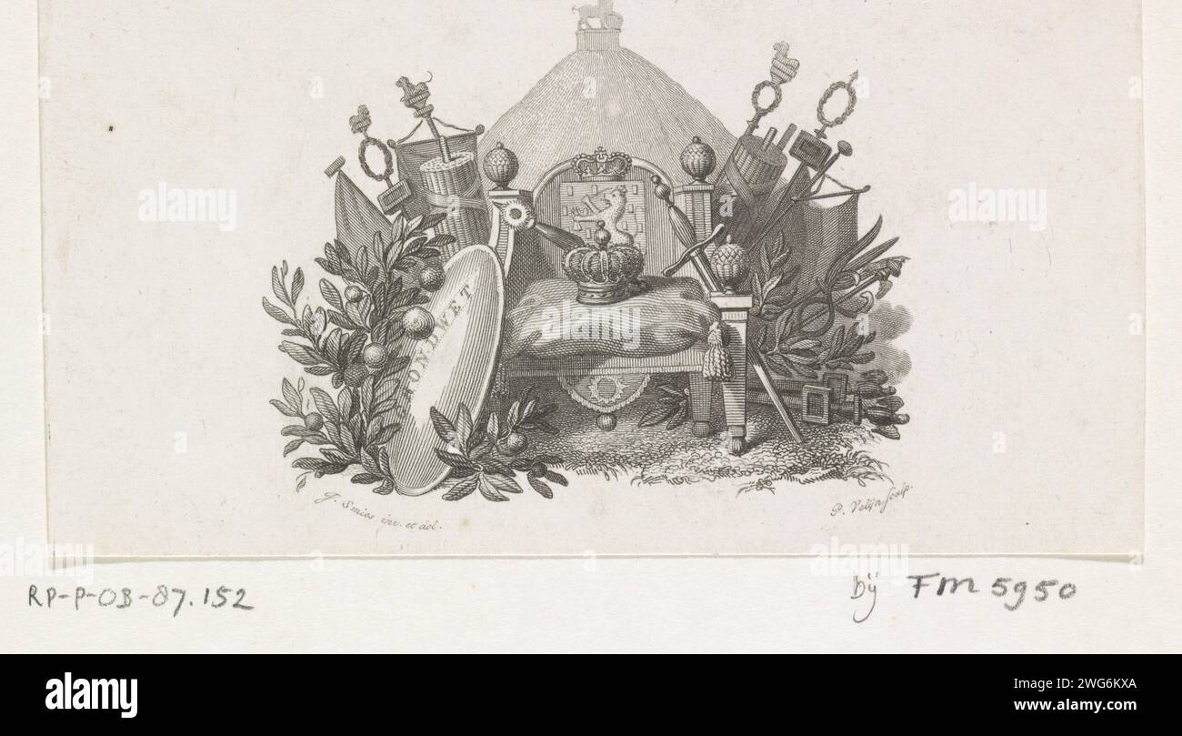 Vignette mit Symbolen von König Wilhelm I., 1815, Philippus Velijn, nach Jacob Smies, 1826 - 1836 Druck Vignette mit der Regalia, den Symbolen des Königs Wilhelm I., der Verfassung und im Hintergrund de Leeuw van Waterloo, dem Denkmal für die Schlacht von Waterloo von 1815, gegründet durch den Orden von König Wilhelm I. zwischen 1823 und 1826. Niederlande Papierätzung / Gravurmonarchie; 'Monarchia mondana' (Ripa). Abzeichen und Symbole der Souveränität (Krone, Diadem, Zepter, Kugel, Siegel, Standard, Mantel, Brustwand) Leeuw van Waterloo Stockfoto