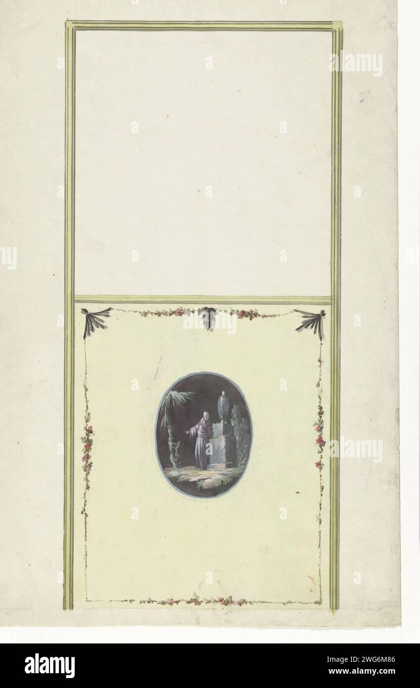 Design für Raumdekorationen mit vertikalen zwei Paneelen, der Boden mit einer Chinoiserie, Abraham Meertens, 1767 - 1823 Zeichnung Design für eine Wanddekoration. Papier. Aquarell (Farbe). Deckfarbe. Bleistift. Wandverkleidung für Tintenstift/Pinsel Stockfoto