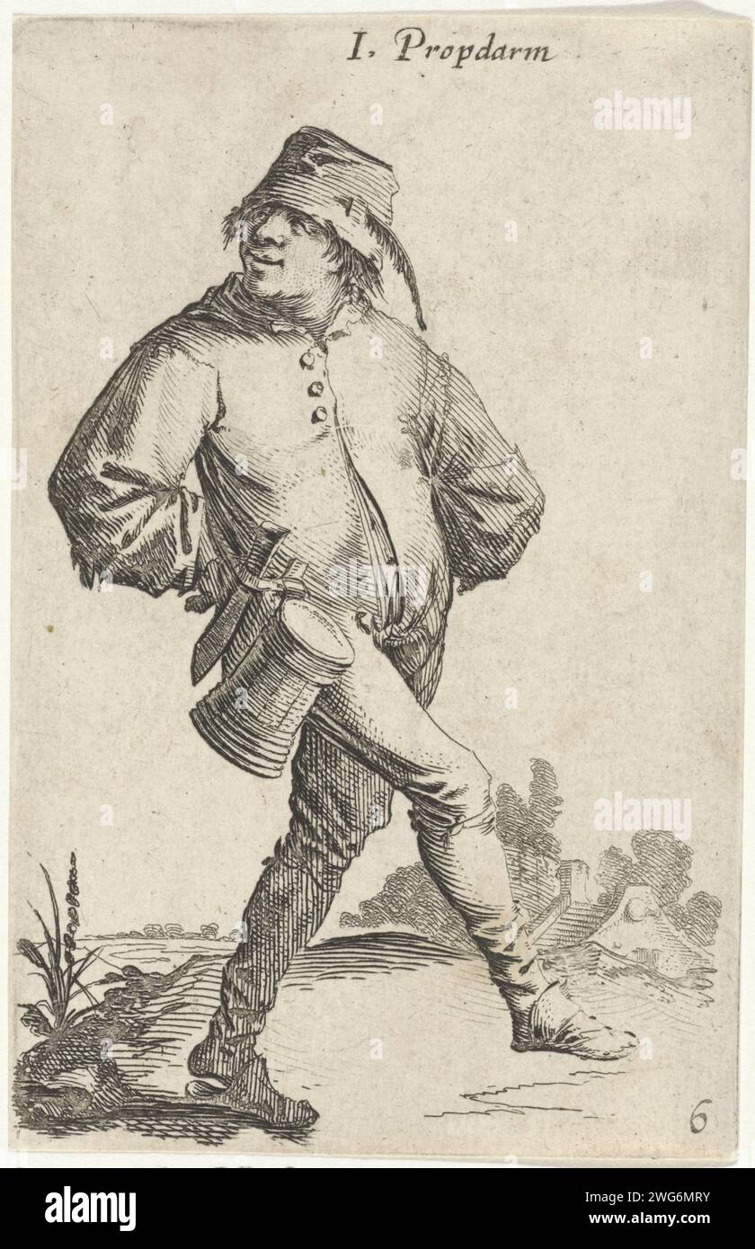 Tanzender Farmer mit Kroes und MES, Salomon Savery, nach Pieter Jansz Quast, 1630–1665 Druck der Druck ist Teil einer zwölfteiligen Druckserie mit Aufführungen von Bauern. Amsterdamer Papiergravur / Ätzen von Landwirten. Mann, der allein tanzt. Hacker- und Schubwaffen: Dolch. Trinkgefäße Stockfoto