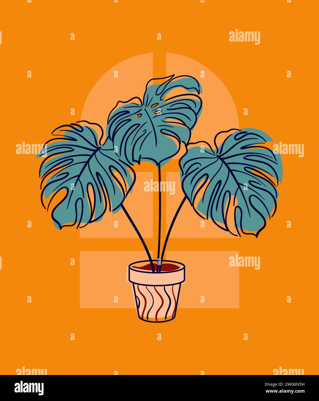 Monstera delicata oder attraktive große Weinrebe, Araceae. Exotische Pflanze im Topf. Häusliche Blumenzucht, Hauspflanzen, Hobby. Botanische Vektorillustration in h Stock Vektor