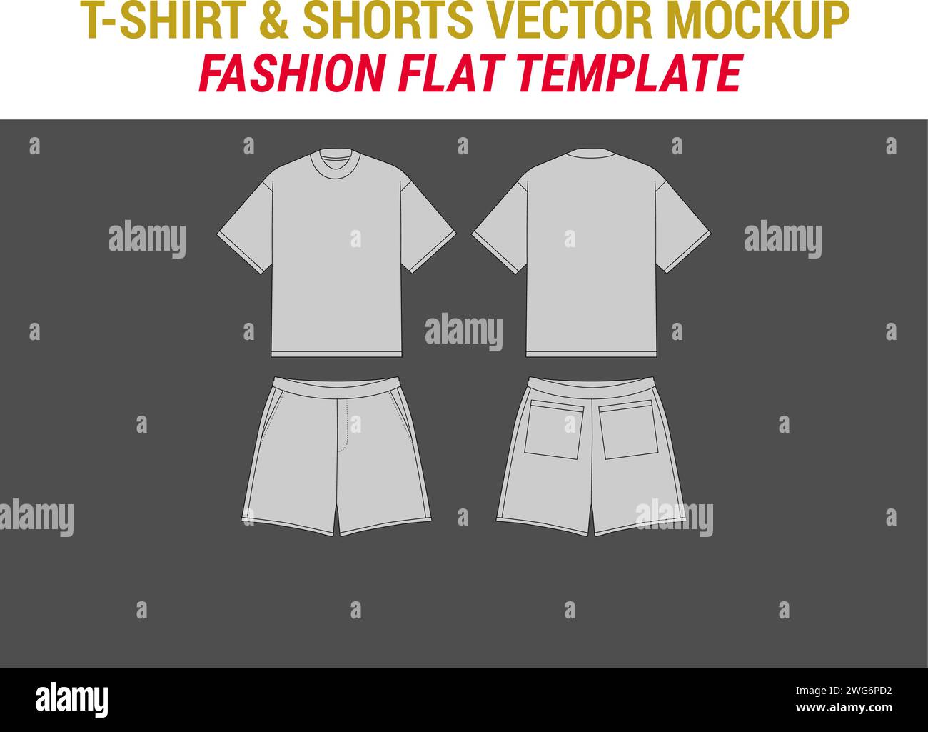 Kurzarm T-Shirt Technische Zeichnung Shorts Mode flache Vektor Illustration Grafik T-Shirt Combo Mockup bedruckbare Shorts und T-Shirt Stock Vektor