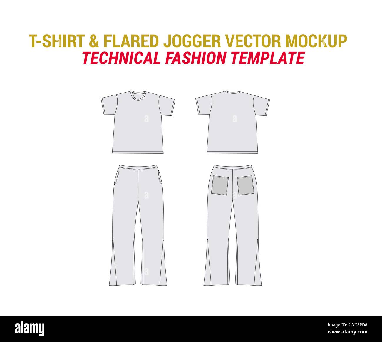 T-Shirt ausgestellte Jogger Vektor Mockup Jogger Mode flache Illustration T-Shirt mit ausgestellten Jogger flache Skizze Vektor Vorlage Stock Vektor