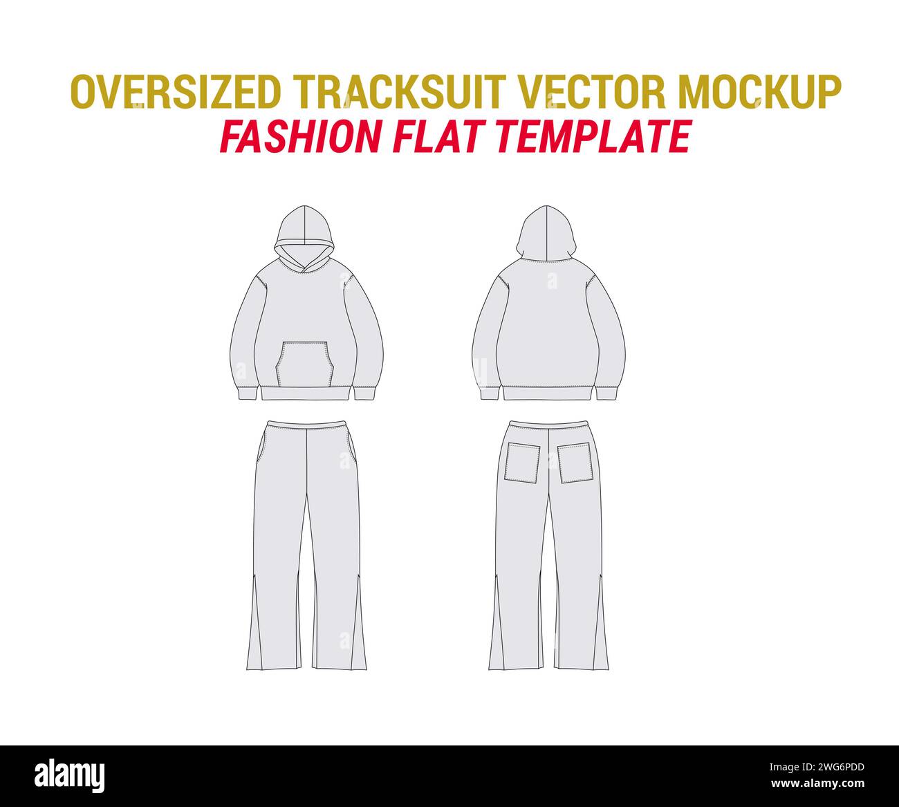 Trainingsanzug Mockup mit Pyjama Jogger Technische Zeichnung Oversized Sweatsuit Vektor Mockup Vektor Skizze von Hoodie Jogginghose mit Taschen Stock Vektor