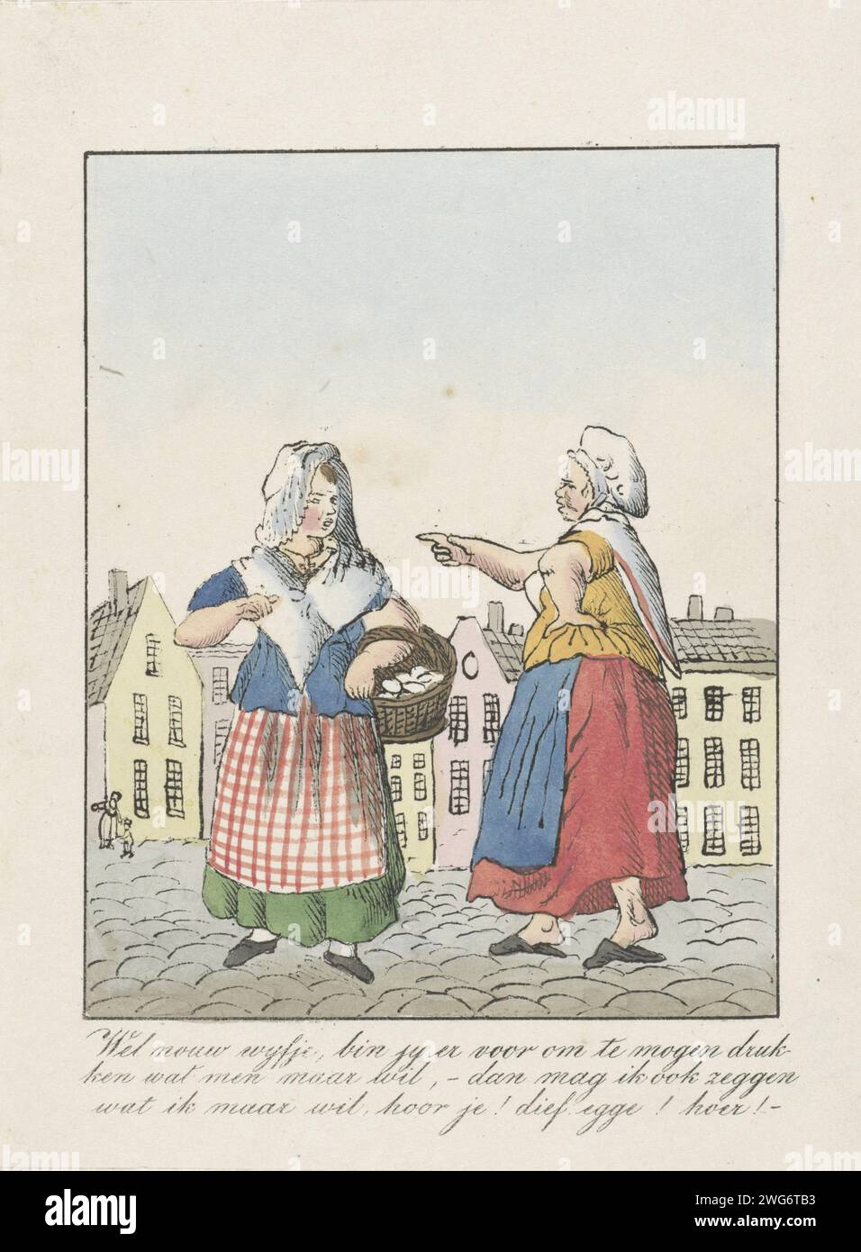 Freiheit des Drucks Presse- und Sprechens, 1828-1830, Anonym, 1828-1830 drucken zwei Frauen auf der Straße, unter dem Deckmantel der Meinungsfreiheit, eine übertrifft die andere. Teil einer Gruppe von vier Karikaturen über die belgischen Petitionen für die Freiheit der Bildung, die Druckerei und die Verantwortung der Minister, 1828-1830. Niederlande Papier verspottet, beleidigt, neckt. Verleumdung der südlichen Niederlande Stockfoto