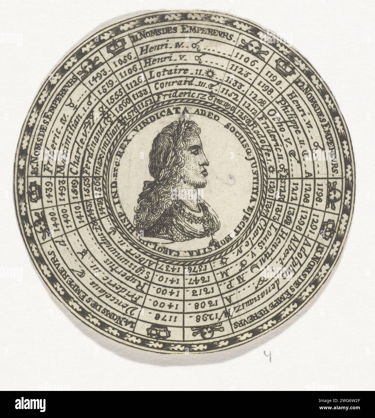 Menning mit dem Porträt Karls V. und den Namen der Kaiser des Heiligen Römischen Reiches, anonym, nach Nicolas Chevalier, 1712 Druck Design einer runden Medaille mit, in sechs konzentrischen Kreisen, den Namen der Kaiser des Heiligen Römischen Reiches und ihrer Regierungsjahre, beginnend mit Kaiser Heinrich IV. und endend mit Kaiser Maximilian II In der Mitte der Medaille das Porträt von Karel V. Amsterdam Papiersiegel (Symbol der Souveränität). kaiser Stockfoto