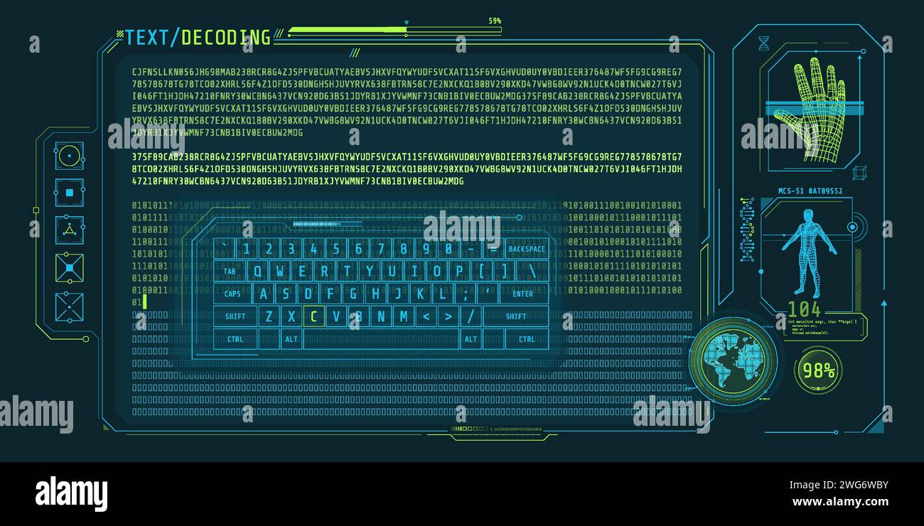 Dateneingabe und Textdekodierung auf dem futuristischen Schnittstellenbildschirm. Stock Vektor