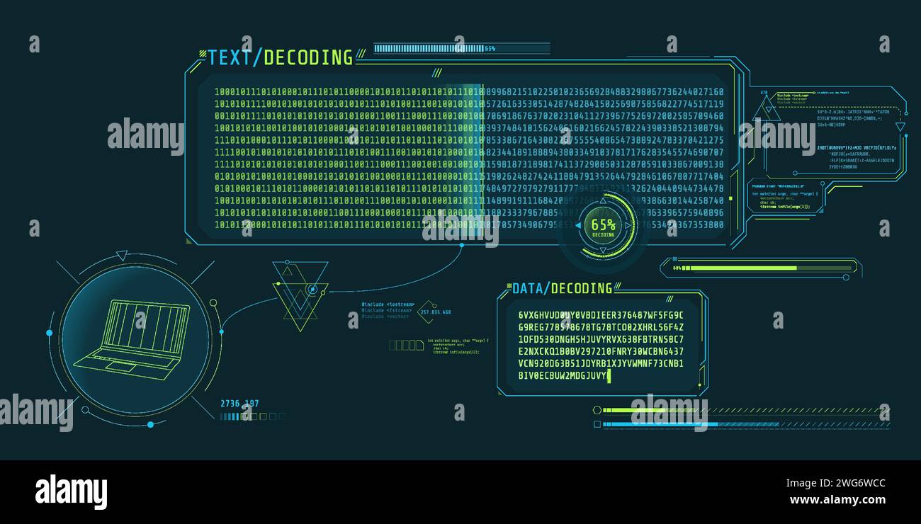 Bildschirm für die Datenentschlüsselung mit Fenster für die Textdekodierung. Stock Vektor