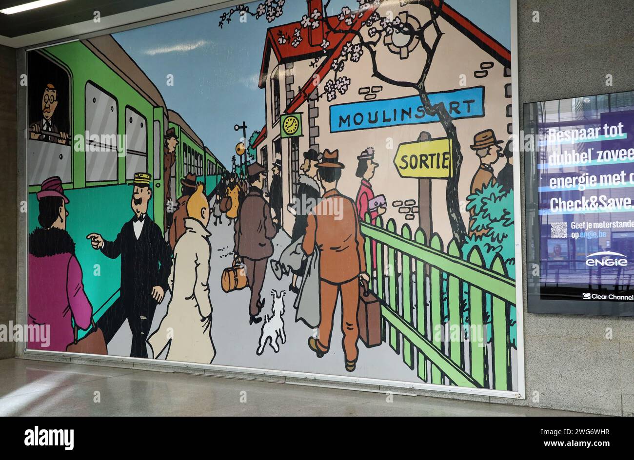 Tintin Wandgemälde am Brüsseler Bahnhof Stockfoto