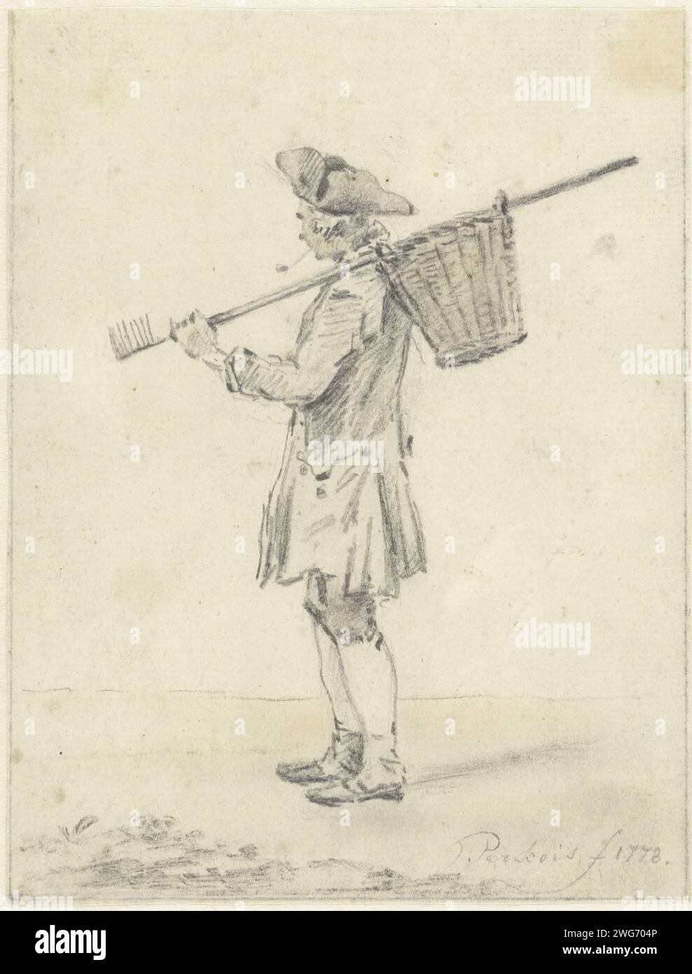 Stehender Mann mit einem Rechen über der Schulter, Jacob Perkois, 1777 - 1778 Zeichnung stehender Mann mit einem Rechen über der Schulter, an dem ein Korb hängt. Papier. Bleistiftbürste Stockfoto