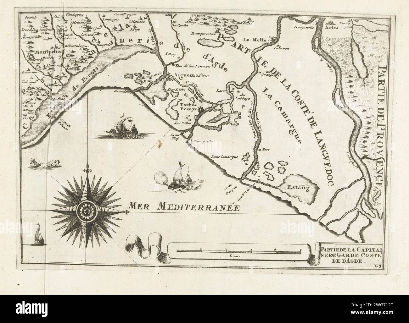 Karte der französischen Südküste bei Montpellier, CA. 1702, 1702 - 1703 Drucken Karte der französischen Südküste bei Montpellier. Unten rechts markiert: gg. Teil des zweiten von zwei Teilen des Druckwerks: Les Costes de France et d’Espagne (oder Teil 14 von Les Forces de l’Europe, Asie, Afrique et Amerique), herausgegeben um 1702. Das Druckwerk besteht aus insgesamt 43 markierten Schildern der Küste Frankreichs und Spaniens im Kontext des Spanischen Erbfolgekrieges. Diese Platten wurden auf anonyme französische Platten kopiert, die ursprünglich von Nicolas de Fer in Paris veröffentlicht wurden. Titel und Inschriften im al Stockfoto