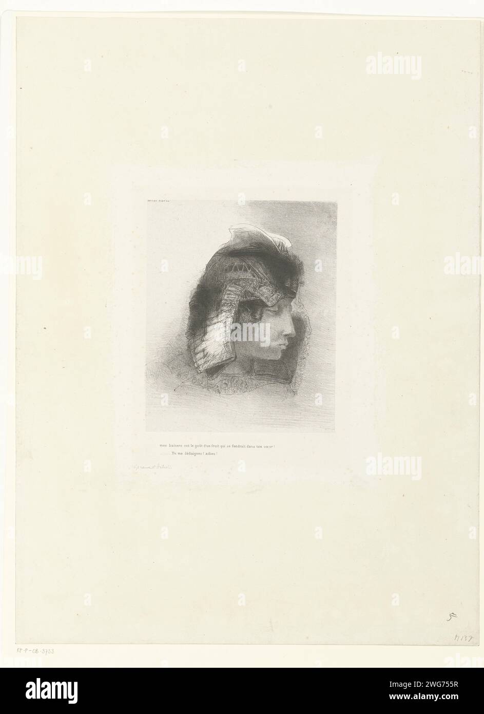 Mein Kissen hat den Geschmack einer Frucht, Odilon Redon, 1896 Druck Kopf eines Mannes mit Kopfbedeckung. Unter dem Bild der Text: Mein Kissen hat den Geschmack einer Frucht, die in deinem Herzen schmelzen würde ..... Du verspottest mich! Adieu! Vierter Druck von vierundzwanzig, aus der dritten Serie von Illustrationen für Gustave Flauberts die Versuchung des Heiligen Antonius. Druckerei: Franziseprinter: Parispublisher: Paris. Versuchungen von St.. Antonius Abt Stockfoto