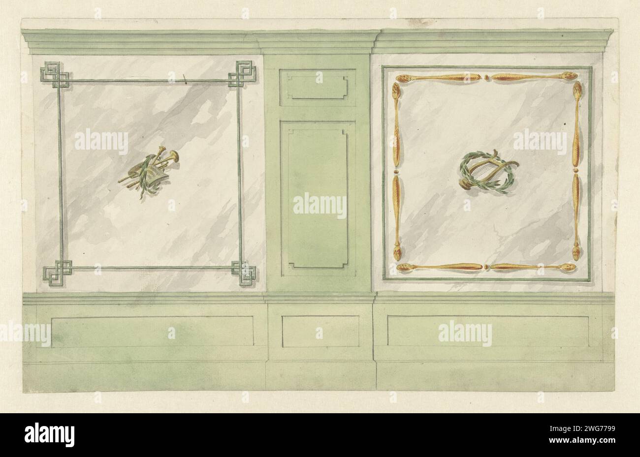 Design für Raumdekorationen mit zwei Tafeln mit Ornamenten von Musikinstrumenten, Abraham Meertens, 1767 - 1823 Zeichnung Design für eine Wanddekoration. Papier. Tinte. Bleistift. Wandverkleidung mit Aquarellstift/Pinsel Stockfoto