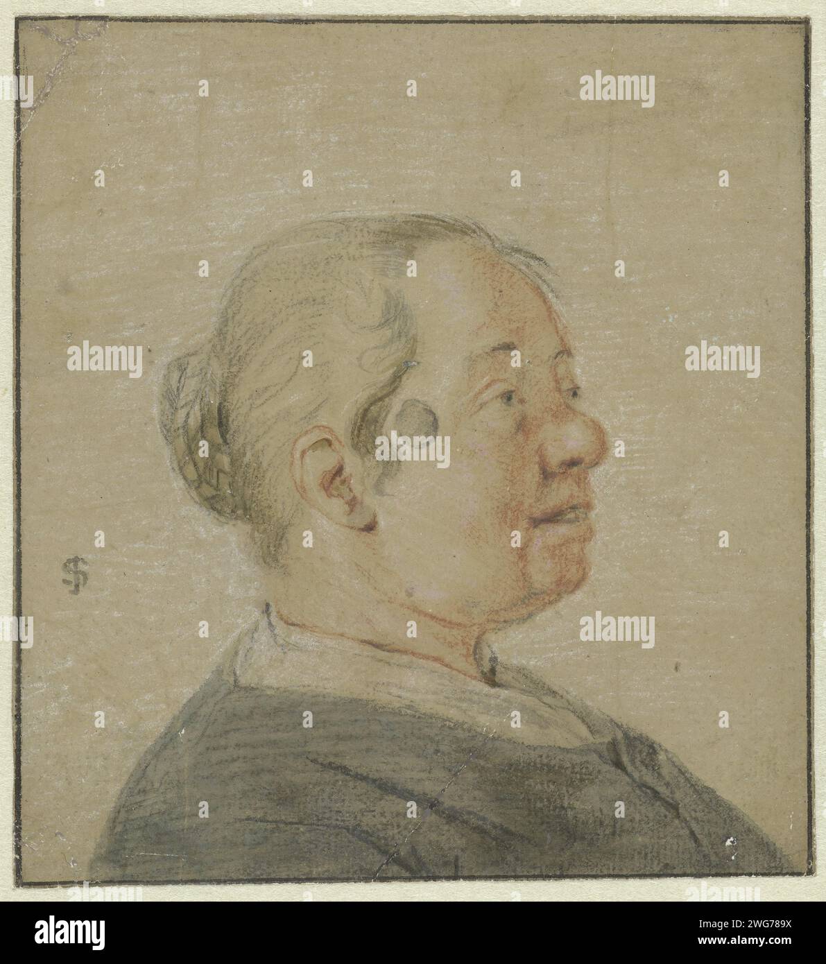 Büste einer Frau, rechts im Profil, Cornelis DuSart (möglicherweise), nach Cornelis DuSart, 1670–1750 Zeichnung vorbereitetes Papier. Kreidebürste Stockfoto