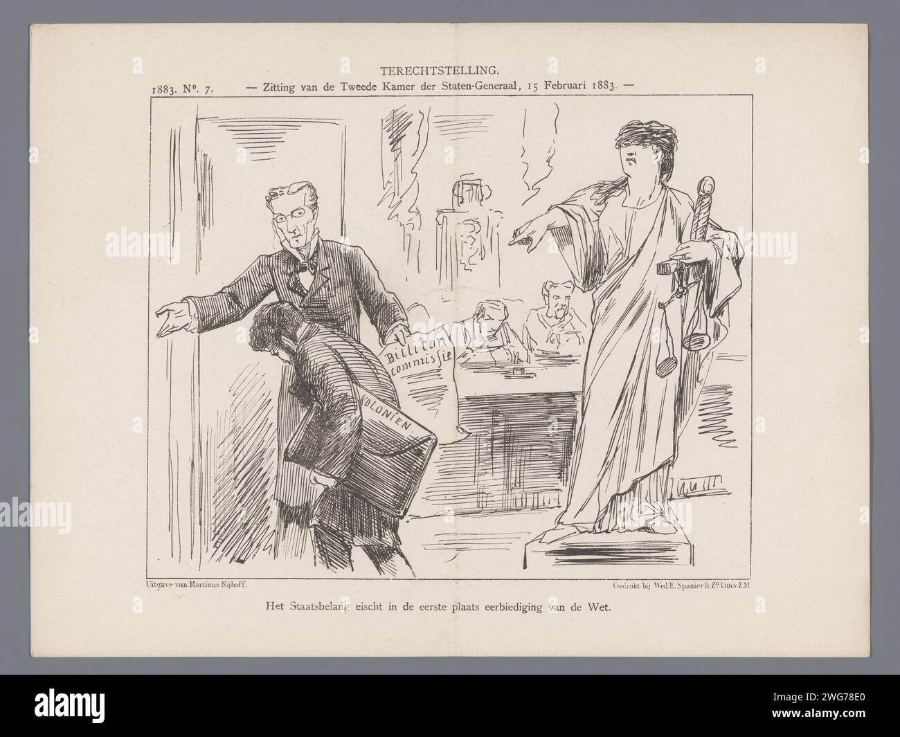 Politischer Cartoon über den Billiton-Skandal, 1883, 1883 gedruckter politischer Cartoon über den Billiton-Skandal und der Minister von Coloniën, 1883. Die Platte erschien beim Weekblad de Nederlandsche Spectator, nein 7, 1883. Druckerei: Netherlandsprinter: Netherlandspublisher: Das Haager Papier Billiton Stockfoto