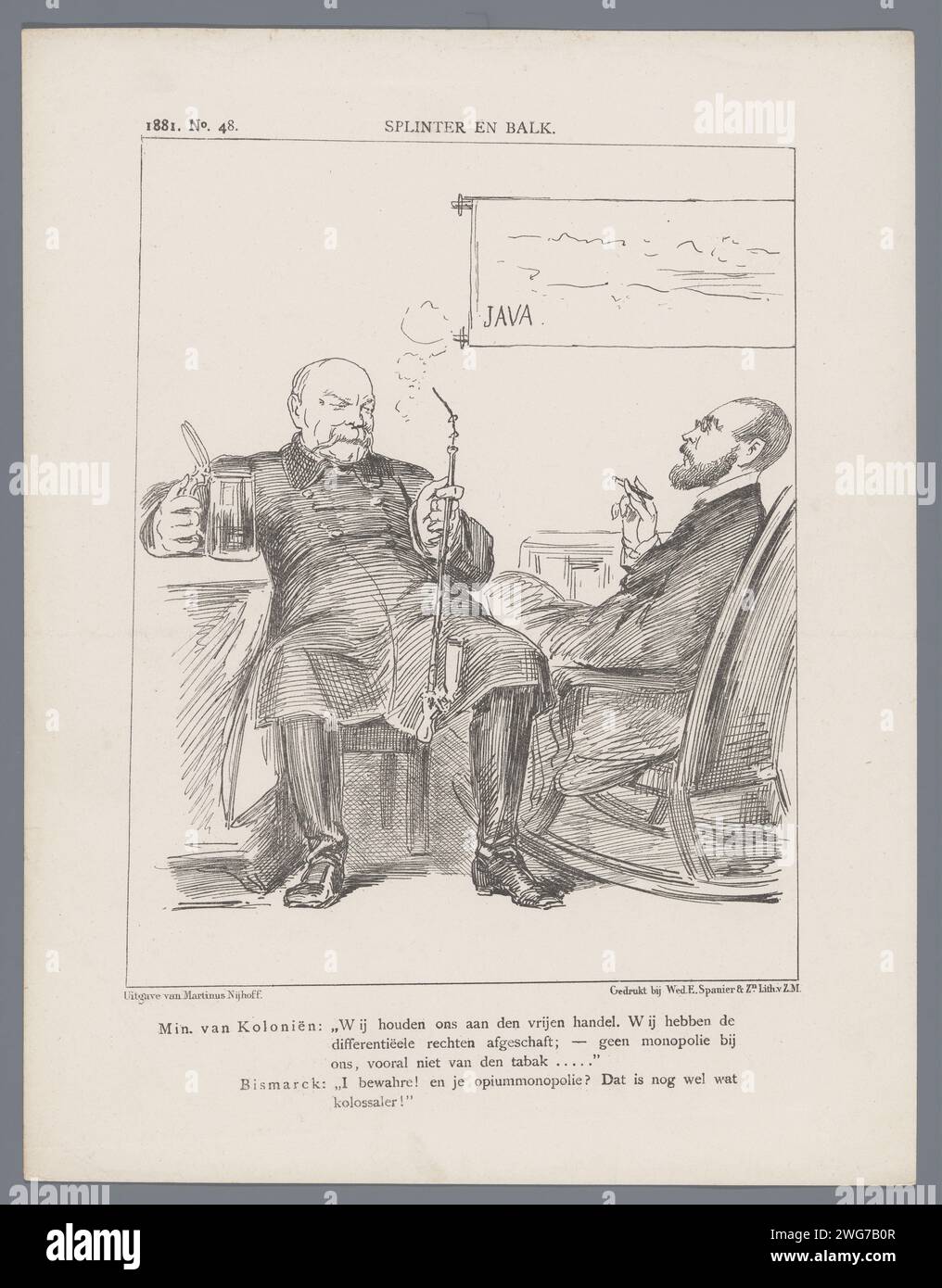 Politischer Cartoon über den freien Handel, 1881, 1881 gedruckter politischer Cartoon über den freien Handel, mit dem Kolonialminister und Bismarck. Plaat trat beim Weekblad de Nederlandsche Spectator auf, nein 48, 1881. Druckerei: Niederlandsprinter: Niederlandspublisher: Arnhempublisher: Das Haager Papier Stockfoto