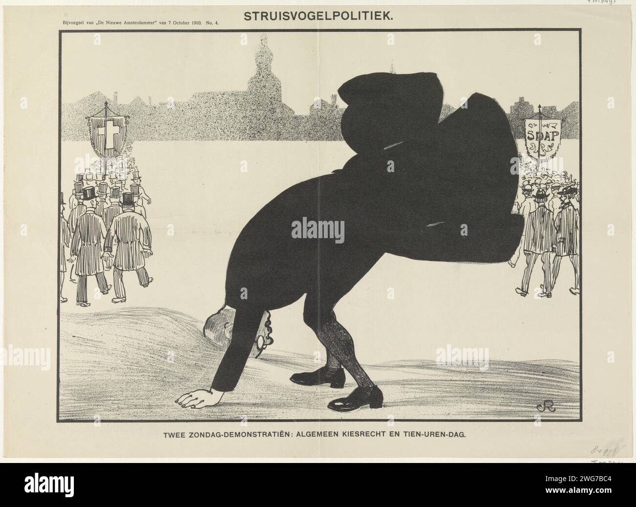 Cartoon on Two Political Issues, 1910, 1910 Print Cartoon on Two Political Issues: The Universal Suffrage and the zehnmal Working Day. Ein Politiker steckt seinen Kopf in den Sand, im Hintergrund zwei politische Demonstrationen der christlichen Parteien und der SDAP. Veröffentlicht als Ergänzung des neuen Amsterdammer vom 7. Oktober 1910, Nr. 4. Politische Parteien auf dem Papier der Niederlande. Politische Demonstration Stockfoto