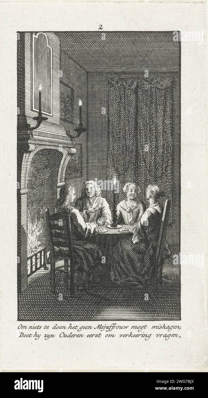 Treffen mit den Eltern, Jan Caspar Philips (zugeschrieben), nach Jan Caspar Philips, 1740 - 1760 Druck der Mann trifft die Eltern seiner Zukunft. Innenraum mit zwei Männern und zwei Frauen saßen um den Tisch. Drucknr 2 in einer Serie von zwölf Drucken mit zweizeiligen Versen über die niederländischen Gewohnheiten bei der Hochzeit um 1750. Nordholland Papierätzung / Gravur Werbung. Ich bitte um Erlaubnis der Eltern der Braut Stockfoto
