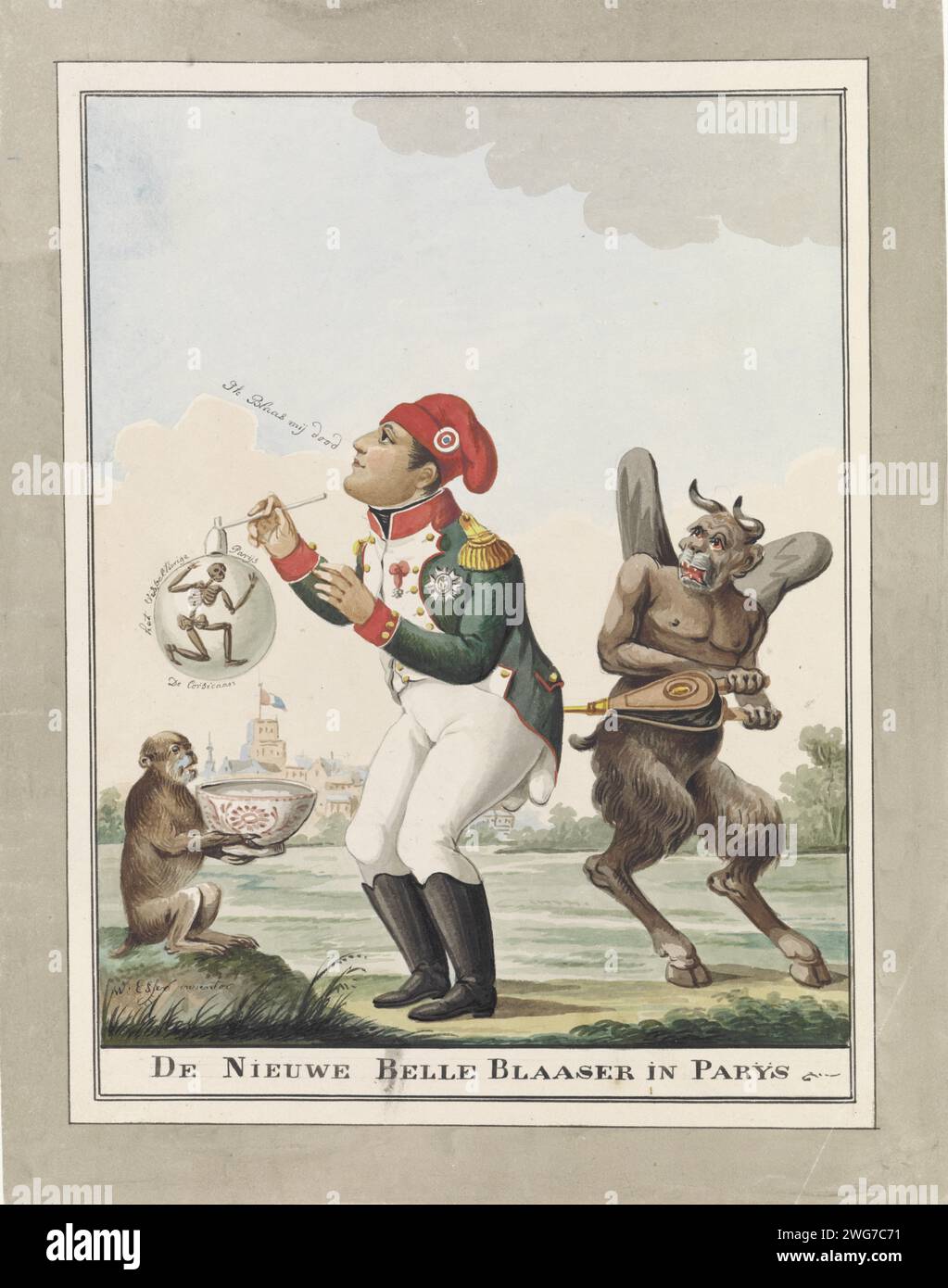 Napoleon als Blasenbläser, 1815, 1815 zeichnet Cartoon über Napoleons fruchtlose Versuche nach seiner Niederlage in Waterloo am 18. Juni 1815, die Stadt für sich zu gewinnen, nachdem er nach Paris zurückgekehrt war. Napoleon mit Jacobijnencut, eine Blase, in der der Tod wie ein Skelett ist. Rechts schlägt ihn der Teufel mit einer Blasenkugel ein, links ein Affe, der das Seifenwasser hält. Niederlande Papier Stift / Pinsel (Kinder oder Putti) Blasen blasen, 'Homo Bulla'  Szene symbolisiert 'Vanitas' Paris Stockfoto