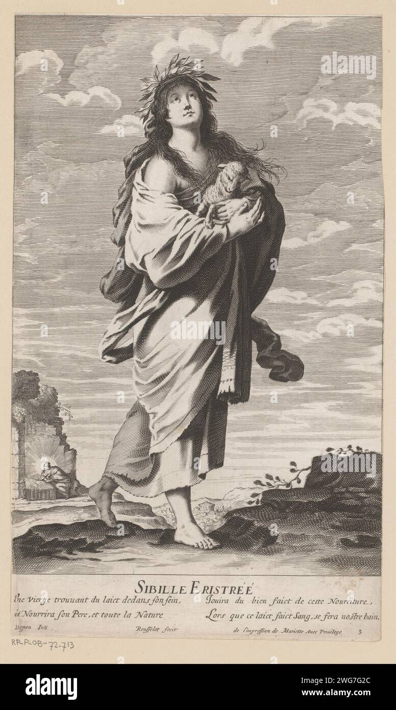 Sibille van Erythrae, Puts OP von Achtergrond Maria Put Kind, Gilles Rousselet, nach Claude Vignon, 1635–1640 Druck Frankreich Papierstich / Radierung Erythraean sibyl. Maria mit dem Christkind Stockfoto