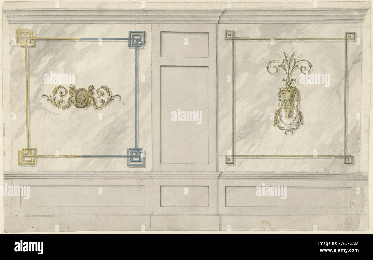 Design für Raumdekorationen mit zwei Tafeln mit Ornamenten, Abraham Meertens, 1767 - 1823 Zeichnung Design für eine Wanddekoration. Papier. Tinte. Bleistift. Wandverkleidung mit Aquarellstift/Pinsel Stockfoto