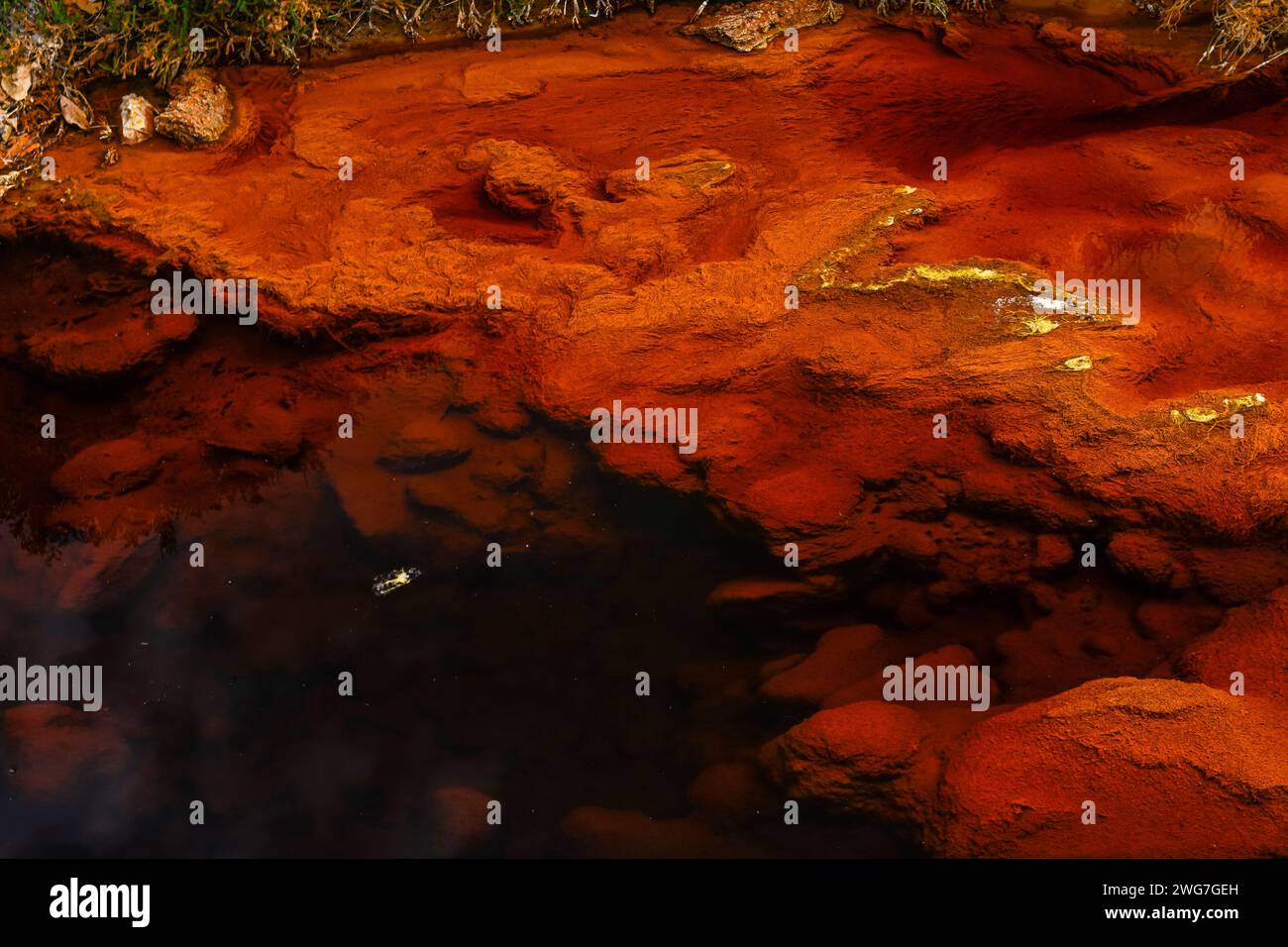 Der Rio Tinto in Huelva, Spanien, weist auffällige rote und orangene eisenreiche Ablagerungen und Spuren grüner Mikroorganismen auf Stockfoto