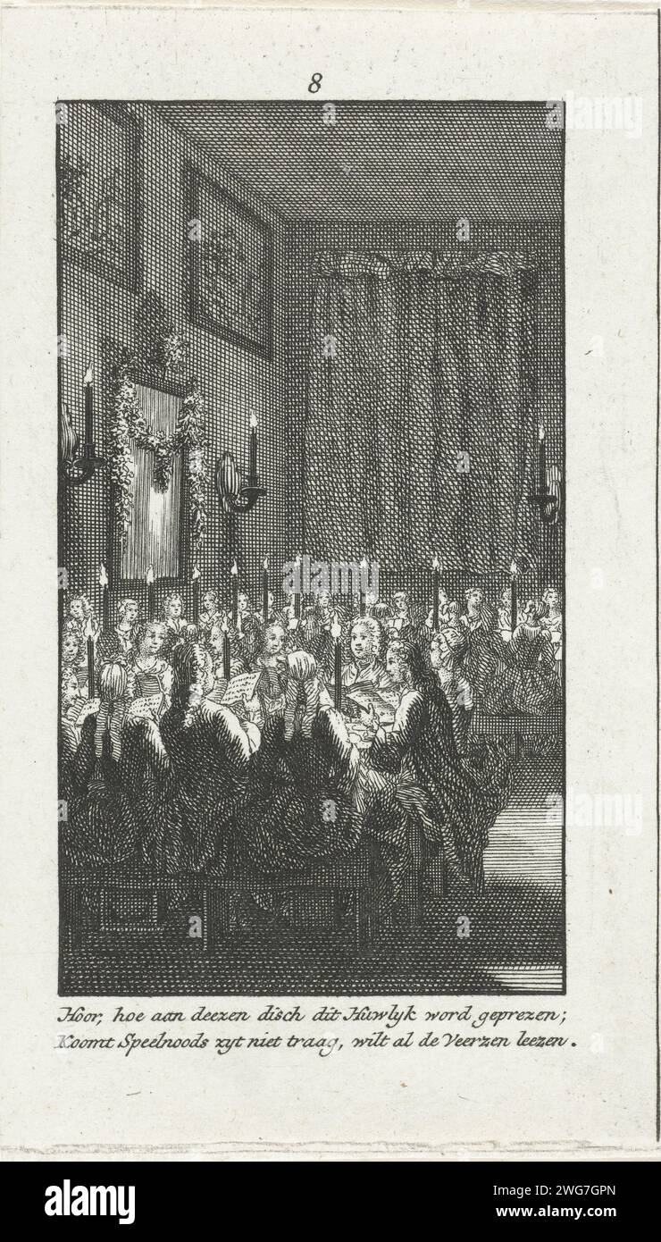 Huwelijksmaal, Jan Caspar Philips (zugeschrieben), nach Jan Caspar Philips, 1740 - 1760 Druck, der über Verse beim Hochzeitsessen liest. Inneneinrichtung mit Gesellschaft bei DIS mit Kerzen. Drucknr 8 in einer Serie von zwölf Druckgrafiken mit zweizeiligen Versen über die niederländischen Gewohnheiten bei der Heirat um 1750. Nordholland Papierätzung / Gravur Festmahl, Festmahl, Bankett. Hochzeitsmahl, Hochzeitsmahlzeit Stockfoto