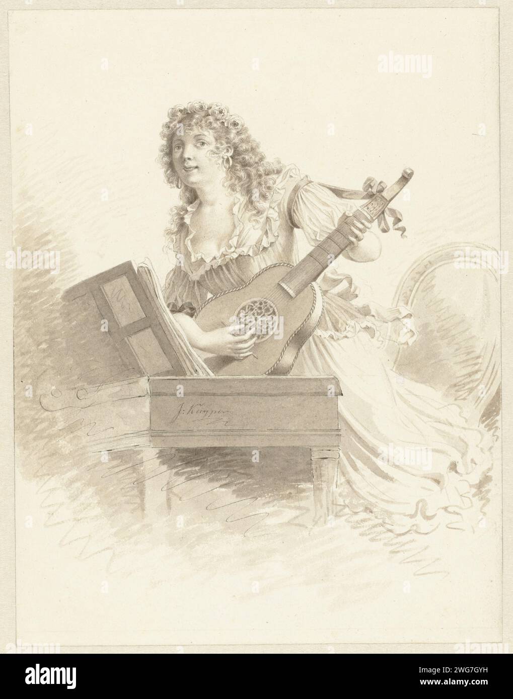 Lady spielt eine Gitarre, Jacques Kuyper, 1771 - 1808 Zeichenpapier. Tinte. Bleistift / Pinsel eine Person spielt Streichinstrument (gezupft). Cithern, Mandoline, Gitarre, Balalaika Stockfoto