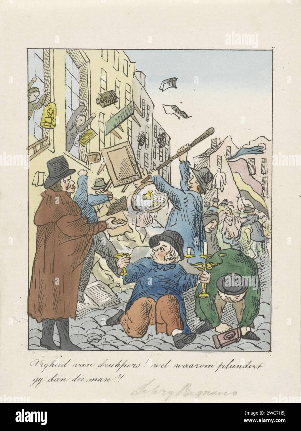 Freiheit der Druckerei, 1830, Anonym, 1830 Druck das Haus des Orangendruckers Georges Librry Bagnano wird geplündert und die Haushaltswaren auf die Straße geworfen, 25. August 1830. Ein Mann appelliert an einen der Plünderer. Im Hintergrund die belgische Flagge (mit horizontalen Streifen). Teil einer Gruppe von vier Karikaturen über die belgischen Petitionen für die Freiheit der Bildung, die Druckerei und die Verantwortung der Minister, 1828-1830. Niederlande Papierplünderung  Aufruhr. Druckerei, Druckerei Brüssel Stockfoto