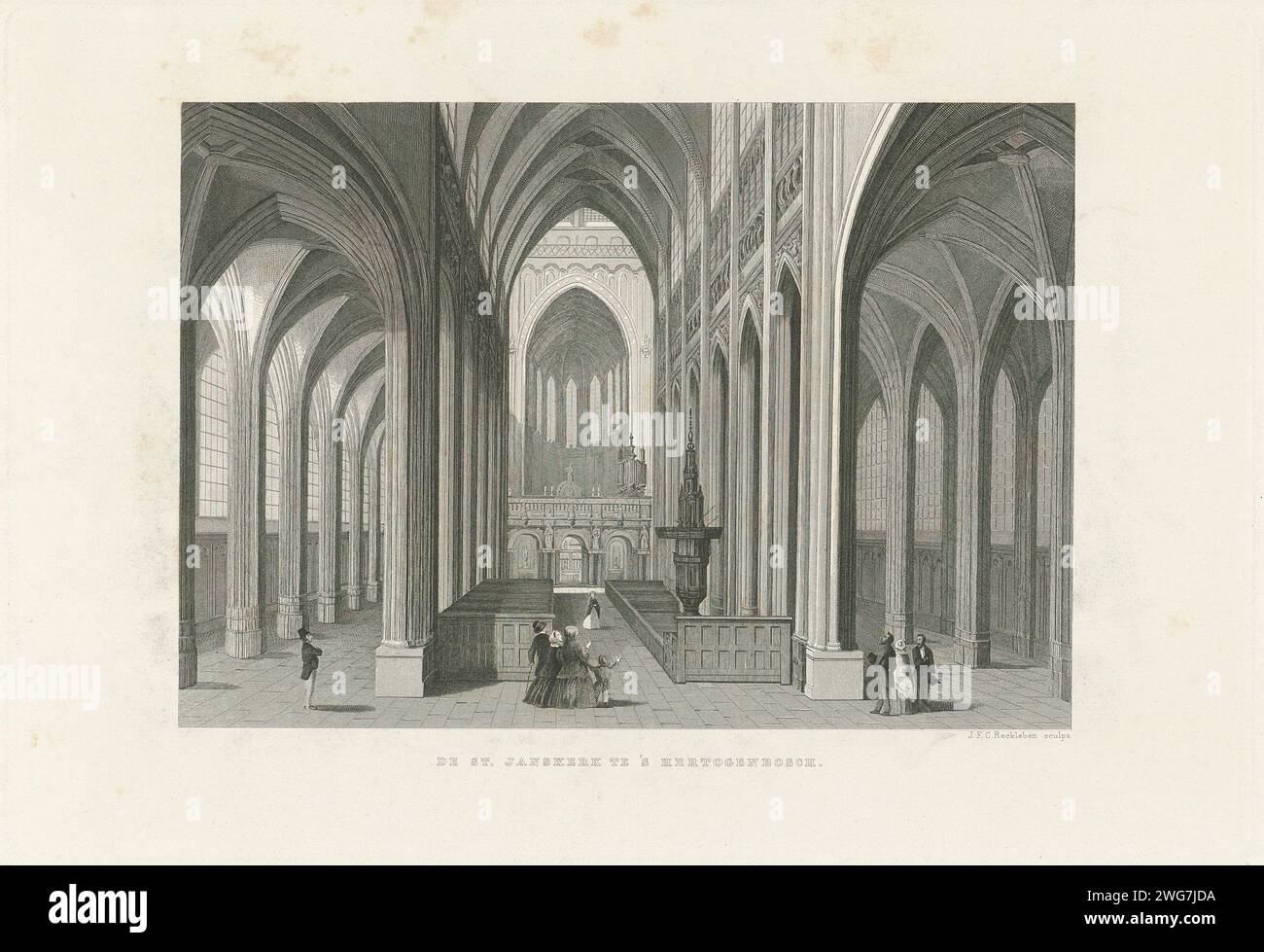 Sint-Janskathedral in 's-Hertogenbosch, Jan Frederik Christiaan Reckleben, 1859 Print Ansicht des Innenraums der Sint-Janskathedral in 's-Hertogenbosch, mit einigen Figuren im Vordergrund, die die Kirche sehen. Amsterdamer Papierätzung / Gravur Sint-Janskathedral Stockfoto