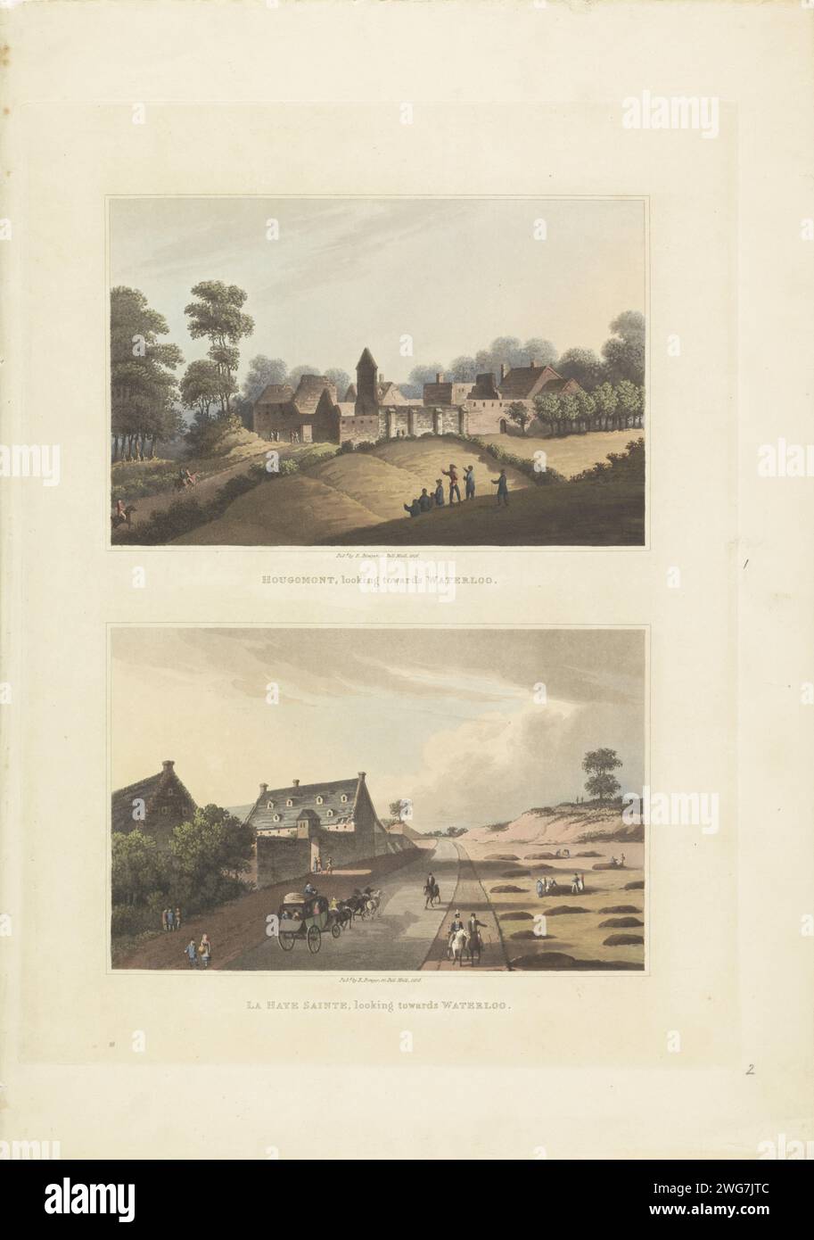Hougoumont in La Haye-Sainte, Anonym, 1816 gedrucktes Blatt mit zwei Bildern. Über den Ruinen der Burg und der Houmont Farm, Ort der schweren Kämpfe, in der Nähe von Waterloo. Unter der Farm La Haye-Sainte in Mont-Saint-Jean, einem Dorf in der Nähe von Waterloo. Grabe rechts von der Straße. Nach der Schlacht von Waterloo am 18. Juni 1815. Druckerei: Englandpublisher: London Paper Farm (Gebäude). Verwüstet, ruiniert Ort oder Stadt ( Krieg). Grab, Grab und andere Grabformen und Grabmarkierungen Waterloo. Hougoumont. Mont-Saint-Jean Stockfoto