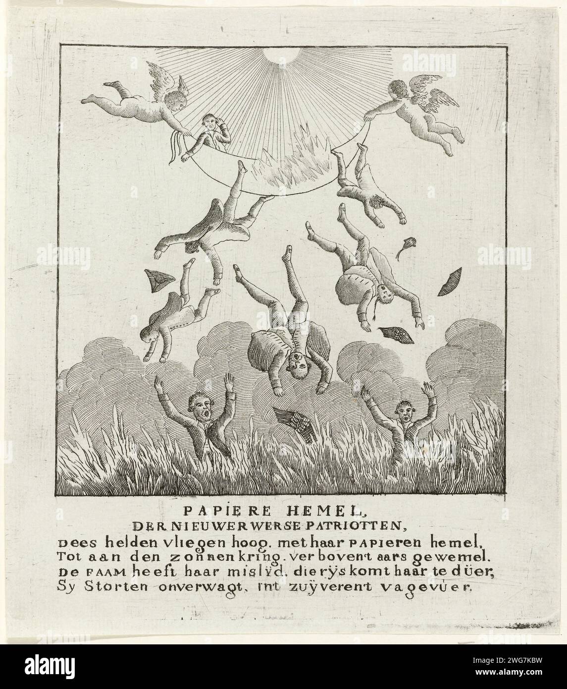 Fall of the Patriots from Heaven, 1787, Anonym, 1787 Print Cartoon on the Patriots nach der Erholung des Prinzen von Orange im Jahr 1787. Das Papiergefäß, mit dem die Patrioten zum Himmel fliegen, kommt der Sonne und der Fassflamme zu nahe, und die Passagiere fließen in das Höllenfeuer. Mit vierzeiliger Strophe. Nordholländische Papiergravur Hölle und Fegefeuer Stockfoto
