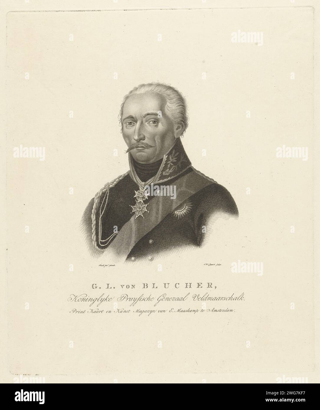 PortraT van Gebhard Leberecht von Blücher, Jan Willem Caspari, nach Frank Jr., 1813–1822 Druck Portrait von Geberstecht von Blücher, preußischer Feldmarschall während der Schlacht bei Leipzig (1813) und der Schlacht bei Waterloo (1815). Von Blücher trägt seine Armeeuniform mit Büste nach links. Unter dem Porträt ist eine niederländische Bildunterschrift mit dem Namen abgebildet. Amsterdamer Papierätzung Stockfoto
