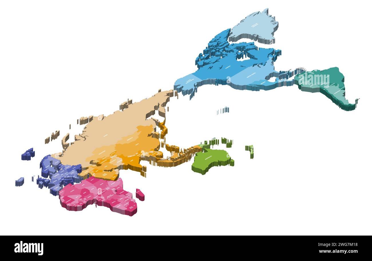 Weltkarte mit Schwerpunkt auf der Region des Pazifischen Ozeans. Abbildung des isometrischen 3D-Vektors Stock Vektor