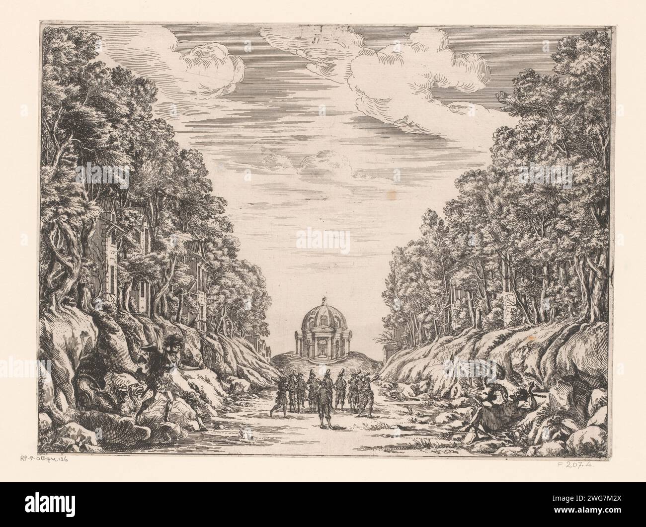 Theaterdekor mit Tempel mit Tänzern vorne, Israel Silvestre, nach Giacomo Torelli, nach Francois Francart (I), 1654 Druck Paris Papier graviert/graviert das Ballett, Ballettvorstellung. Bühnendesign. Ein Adler weint an Prometheus' Leber. (Geschichte von) Peleus und Thetis Stockfoto