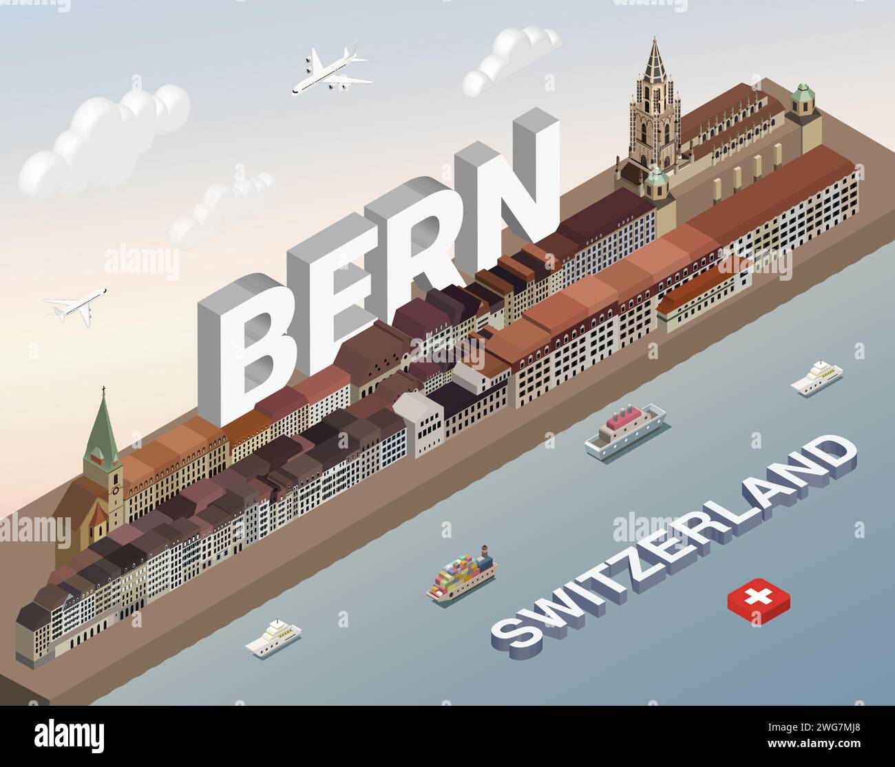 3D isometrische Skyline der Schweizer Stadt Bern. Vektorabbildung Stock Vektor