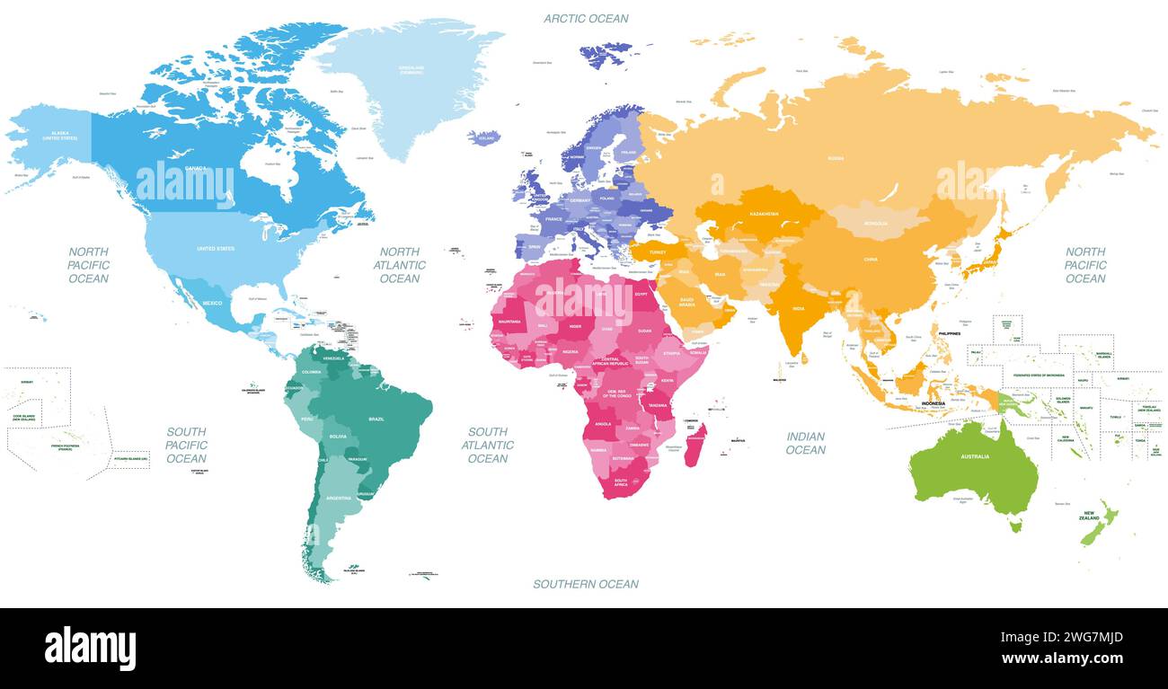 Weltkartenvektor hochdetaillierte Illustration mit Namen von Ländern, Ozeanen, Hauptmeeren und Seen. Länder, die nach Kontinenten gefärbt sind Stock Vektor