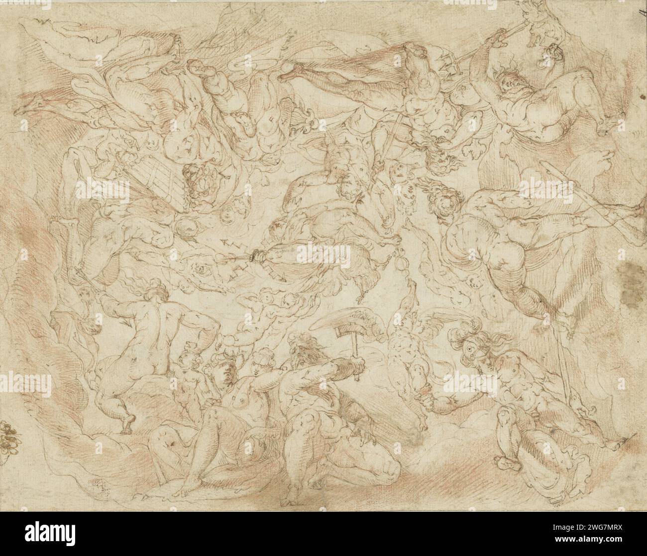 Olympus, Giulio Campi (möglicherweise), 1500–1600 Zeichnung des Olympus: Entwurf für ein Deckengemälde. Papier. Tinte. Kreide die olympischen Götter zusammen: Jupiter, Juno, Neptun, Ceres, Apollo, Diana, Mars, Venus, Quecksilber, Minerva, Vulcan, Vesta (oder Bacchus) Stockfoto