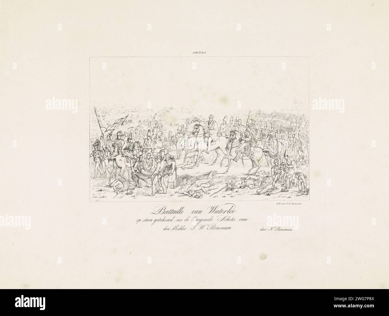 Schlacht von Waterloo, 1815, Nicolaas Pieneman, nach Jan Willem Pieneman, 1830–1850 Print die Schlacht von Waterloo, 18. Juni 1815. Blick auf das Schlachtfeld in dem Moment, als der englische Kommandant Wellington hört, dass preußische Hilfe auf der Straße ist. Der verwundete Willem, Prinz von Orange, wird nach links in den Vordergrund gebracht. Die Kommandeure und andere Offiziere zu Pferd sind in der Mitte, im Vordergrund verletzte und tote Soldaten. Die Kämpfe toben auf dem Schlachtfeld im Hintergrund. An der Spitze der Größen in Rheinland-Füßen. Niederlande Papierschlacht (+ Landstreitkräfte) Waterloo Stockfoto