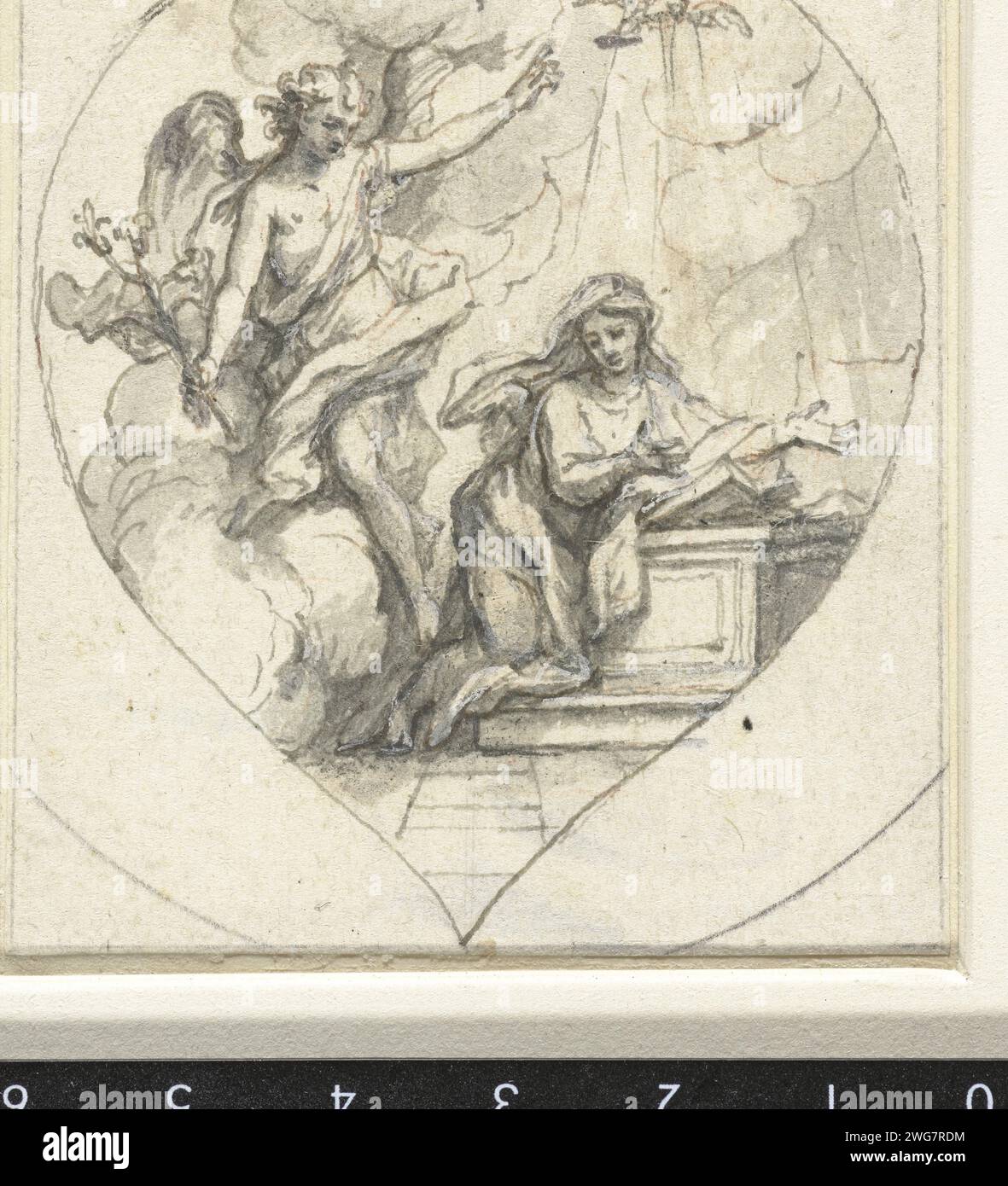 Verkündigung an Maria, Anonym, 1600 - 1699 Zeichenpapier. Tintenstift / Pinsel die Verkündigung: Maria, die normalerweise liest, wird vom Engel besucht (manchmal hört eine Frau das Gespräch) Stockfoto