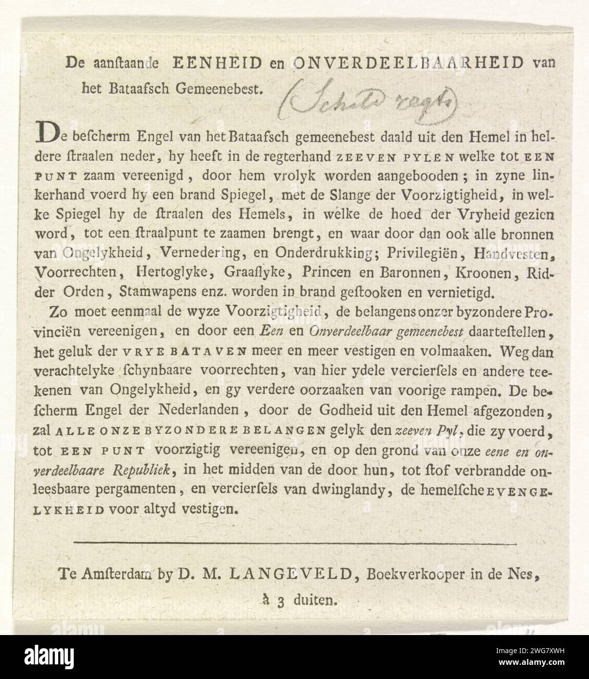 Bevorstehende Einheit und Unteilbarkeit des Batavian Commonwealth, Dekoration auf dem Rathaus auf dem Dam-Platz, 1795 (Erklärung), Dirk Meland Langeveld, Textblatt 1795 Textblatt Textblatt mit einer Erläuterung der Präsentation der bevorstehenden Einheit und Unteilbarkeit des Batavian Commonwealth, allegorische Dekoration an der Fassade des Rathauses auf dem Dam-Platz in Amsterdam. Wahrscheinlich gehört sie zu einer separaten Ausgabe der einzelnen Tafeln der Dekorationen, die in der Stadt anlässlich der Einsetzung der Repräsentanten und des Bündnisses zwischen Frankreich und der Batavischen Republik gegründet wurden, Stockfoto