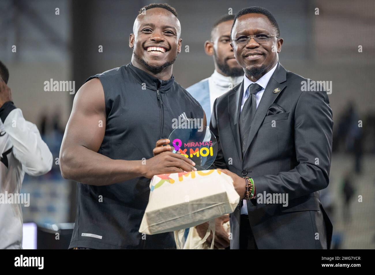 Miramas, Frankreich. Februar 2024. Ferdinand OMANYALA und Ababu Namwamba während des Treffens Miramas Metropole 2024, World Athletics Indoor Tour Silver am 2. Februar 2024 im Miramas Métropole Stadion in Miramas, Frankreich - Foto Florian Frison/DPPI Credit: DPPI Media/Alamy Live News Stockfoto
