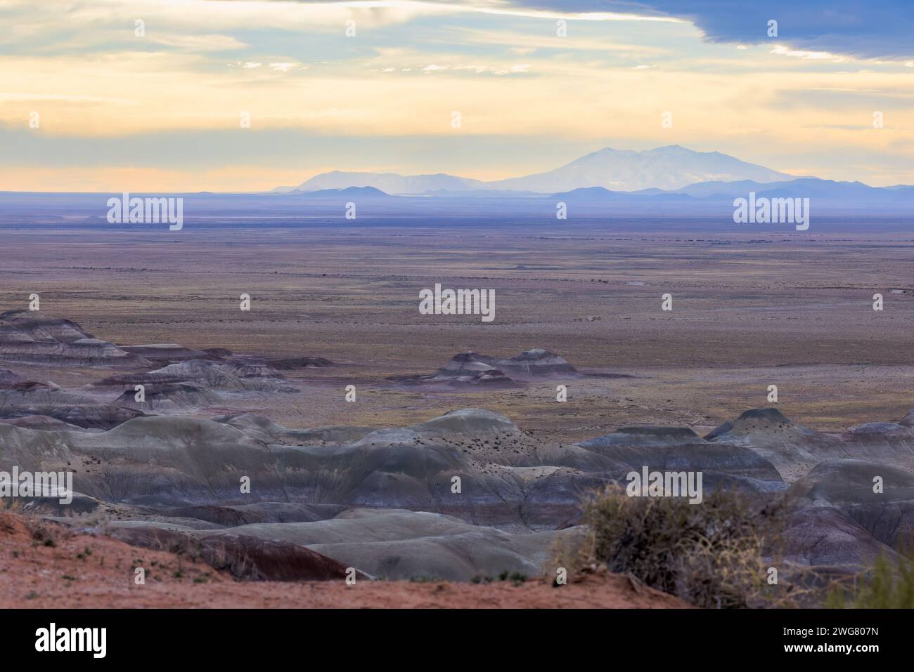 Farbenfrohe Dekopositen des Chinle-Formatons im Little Painted Desert County Park in der Nähe von Winslow, Arizona Stockfoto