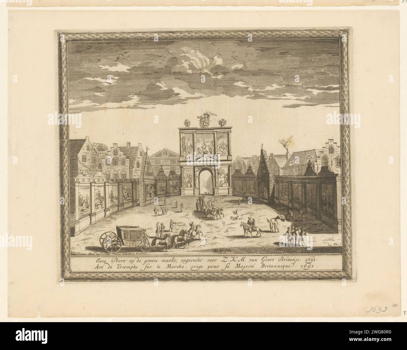 Triumphpoort auf dem Groten Markt für die Einreise von König Wilhelm III. In den Haag, 1691, 1691 Druck Triomfpoort gegründet auf dem Groten Markt für die Ankunft von König Wilhelm III. In den Haag, 5. Februar 1691. Platte 20 in einer Serie von 20 Aufzeichnungen über die glorreiche Revolution in England in den Jahren 1688–1691. Nord-Niederlande Papierätzung Triumphbogen großer Markt Stockfoto