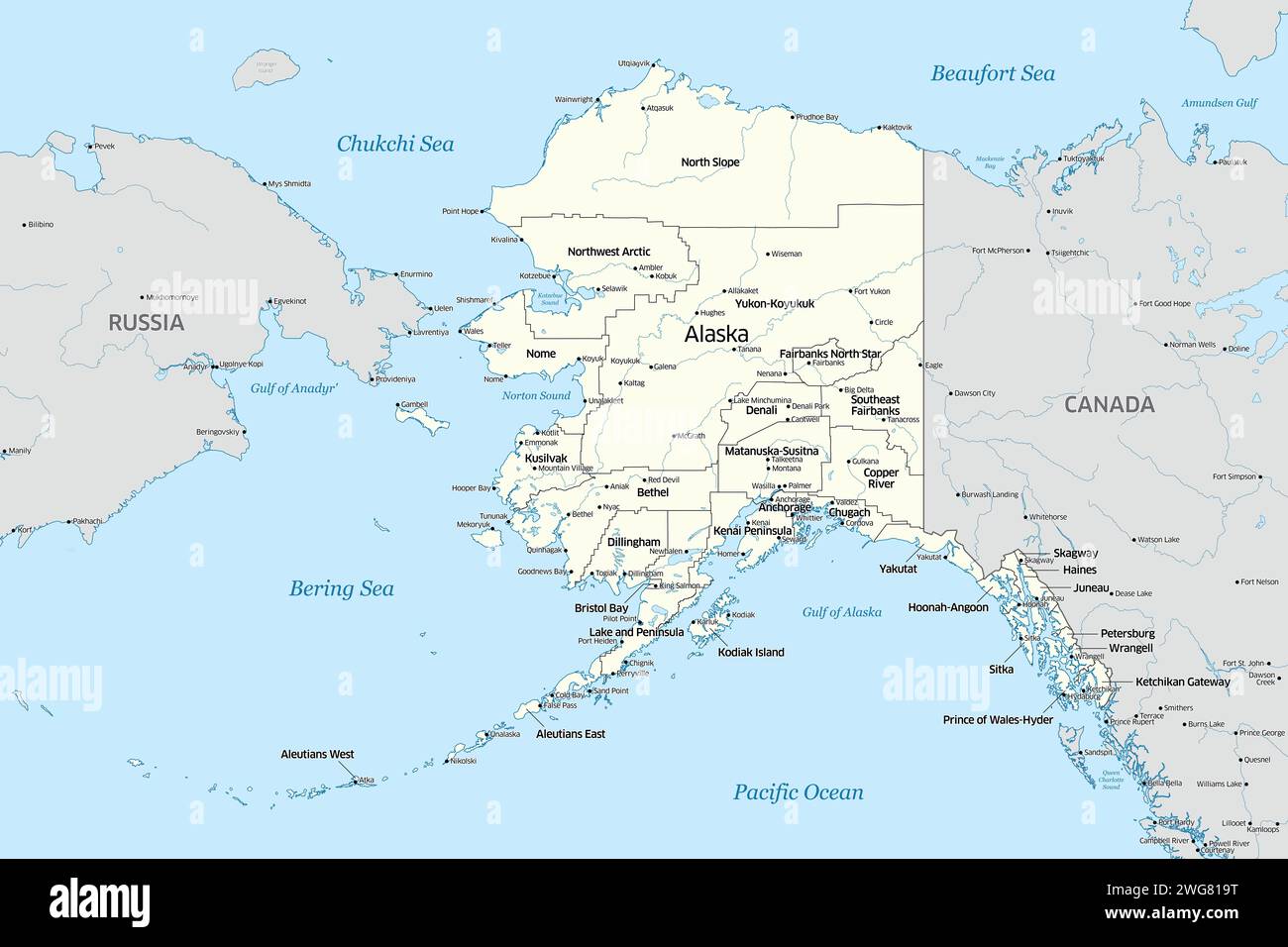 Politische Karte mit den Countys, die den US-Bundesstaat Alaska bilden Stockfoto