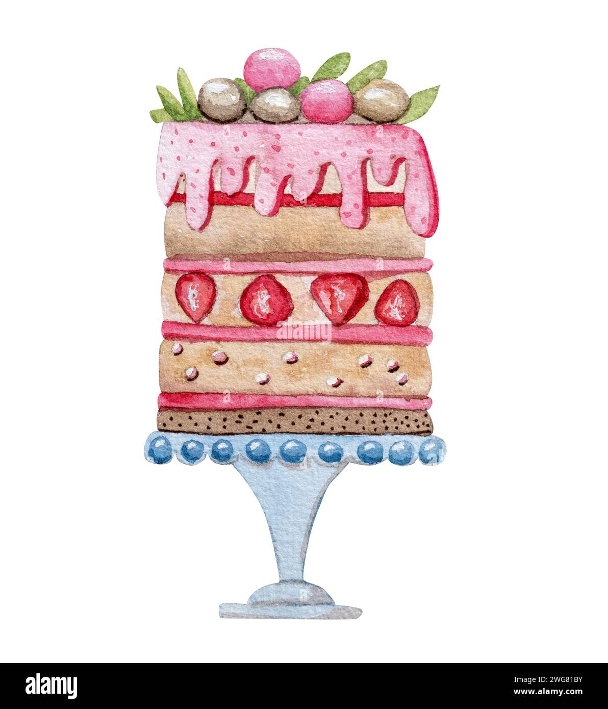 Handgezeichnete Aquarellillustration Eines festlichen Kuchens für Einen Geburtstag, Valentinstag oder einen anderen Feiertag Stockfoto